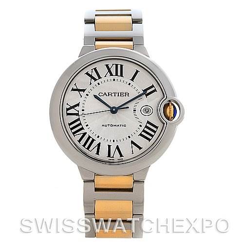 This image shows a front view of the Cartier Ballon Bleu W69009Z3 Men
s Stainless Steel Silver Dial W69009Z3 Men
s Stainless Steel Silver Dial watch, highlighting its dial, case, and two-tone bracelet.