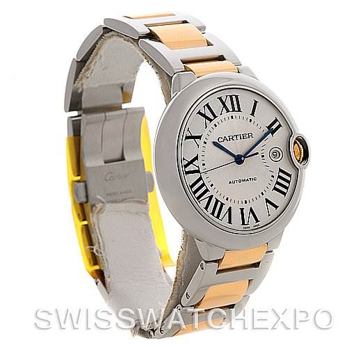 The image shows a Cartier Ballon Bleu W69009Z3 Men
s Stainless Steel Silver Dial W69009Z3 Men
s Stainless Steel Silver Dial watch, highlighting its face, bracelet, and clasp from an angled perspective.