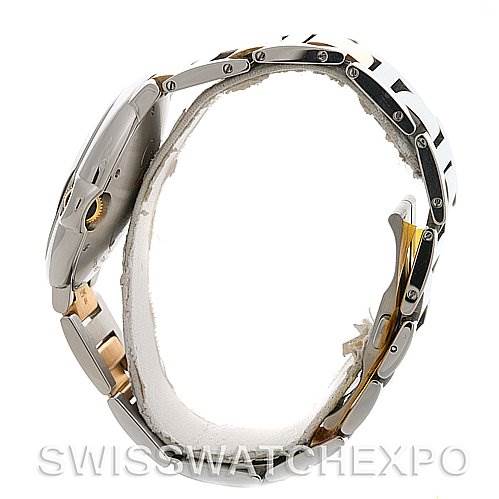 The image shows a side profile of a Ballon Bleu model watch by Cartier, focusing on the bracelet and clasp.