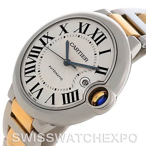 This image shows a close-up side angle of the Cartier Ballon Bleu W69009Z3 Men
s Stainless Steel Silver Dial W69009Z3 Men
s Stainless Steel Silver Dial watch, highlighting its face, crown, and part of the bracelet.