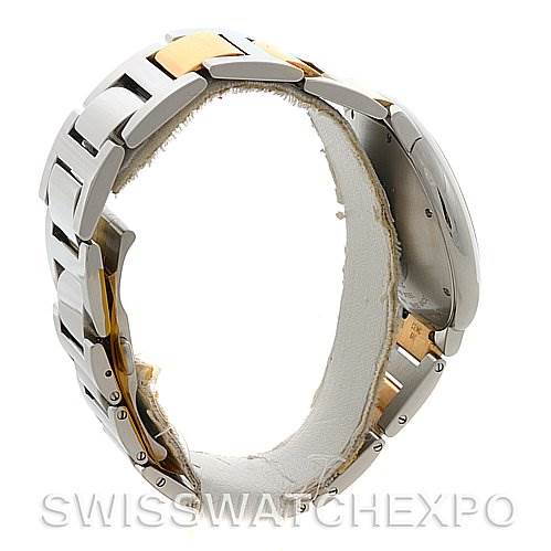 The image shows the side view of a Ballon Bleu by Cartier watch, highlighting its metal bracelet and clasp.