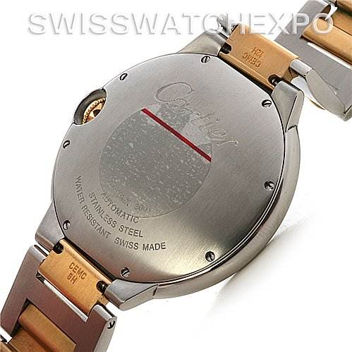 The image shows the back of a Cartier Ballon Bleu W69009Z3 Men
s Stainless Steel Silver Dial W69009Z3 Men
s Stainless Steel Silver Dial watch, highlighting its stainless steel case and markings.