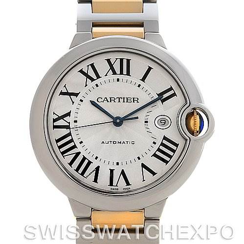 The image displays a front view of the Ballon Bleu de Cartier watch, highlighting its dial, hands, and bracelet.