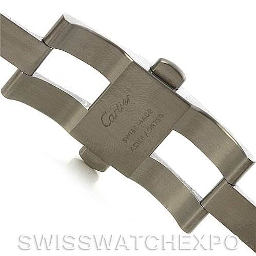 The image shows a close-up view of the metal bracelet clasp of the Ballon Bleu model by Cartier.