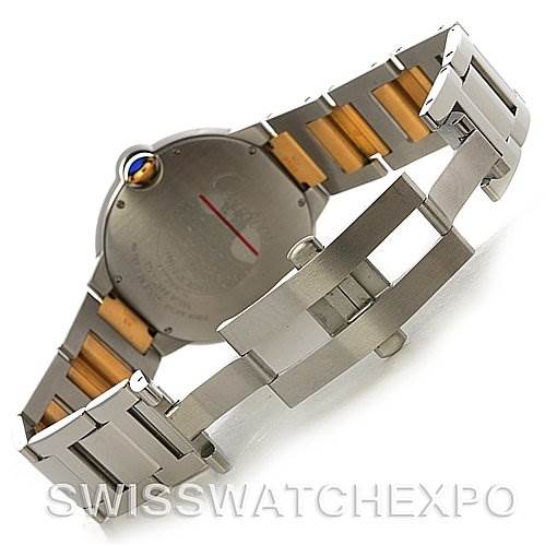 The image shows the back and bracelet of the Cartier Ballon Bleu W69009Z3 Men
s Stainless Steel Silver Dial W69009Z3 Men
s Stainless Steel Silver Dial watch, with the clasp and links clearly visible.