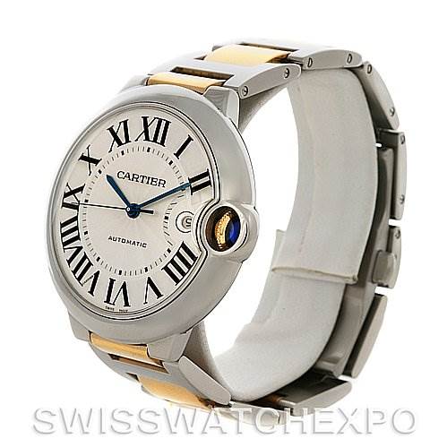The image shows a Cartier Ballon Bleu W69009Z3 Men's Stainless Steel Silver Dial W69009Z3 Men's Stainless Steel Silver Dial watch tilted at a three-quarter angle, highlighting the face and part of the bracelet.