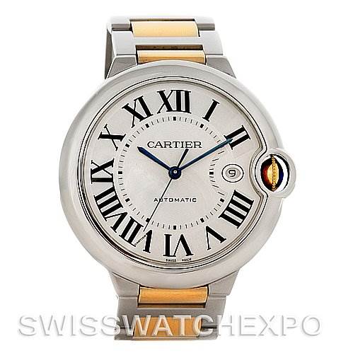 The image shows a front view of a Ballon Bleu de Cartier watch, displaying its Roman numeral dial and distinctive crown.
