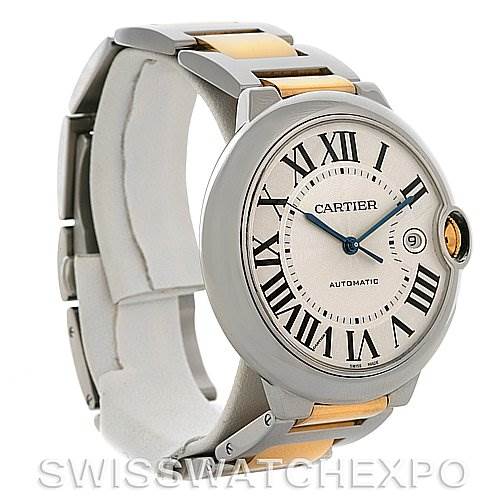 The image shows a Cartier Ballon Bleu W69009Z3 Men's Stainless Steel Silver Dial W69009Z3 Men's Stainless Steel Silver Dial watch from an angled side view, highlighting its round face and metal bracelet.