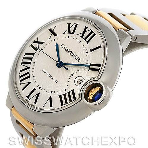 The image shows a close-up of the face and part of the band of the Ballon Bleu model by Cartier, angled slightly from the side.