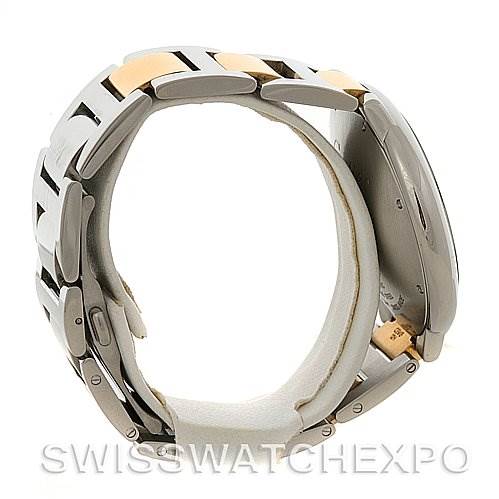 The image shows a side view of a Ballon Bleu de Cartier watch, focusing on the bracelet and case.