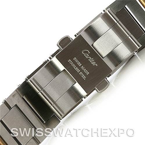 This image shows a close-up of the stainless steel bracelet clasp of a Cartier Ballon Bleu W69009Z3 Men's Stainless Steel Silver Dial W69009Z3 Men's Stainless Steel Silver Dial watch.