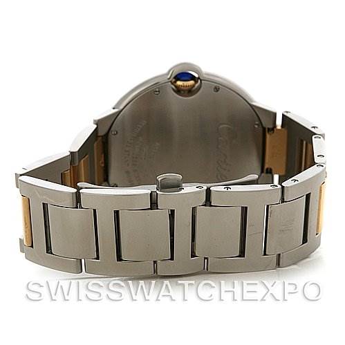 The photo shows the Ballon Bleu model by Cartier from the back, focusing on the clasp and bracelet.