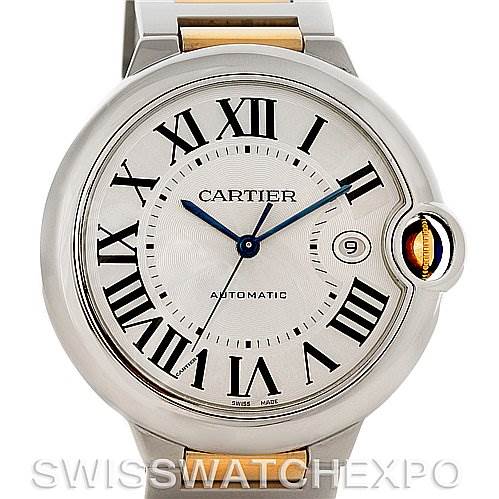 This image shows the front view of the Cartier Ballon Bleu W69009Z3 Men's Stainless Steel Silver Dial W69009Z3 Men's Stainless Steel Silver Dial watch, highlighting its face, Roman numeral markers, and metal bracelet.