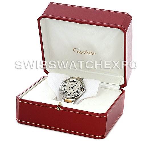 The image shows a Cartier Ballon Bleu W69009Z3 Men's Stainless Steel Silver Dial W69009Z3 Men's Stainless Steel Silver Dial watch displayed in an open red Cartier box from a front angle.