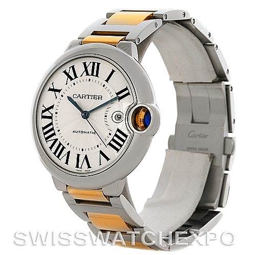 The Cartier Ballon Bleu W69009Z3 Men
s Stainless Steel Silver Dial W69009Z3 Men
s Stainless Steel Silver Dial watch is shown at a three-quarter angle, displaying the face, two-tone strap, and crown.
