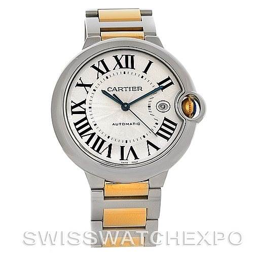 The image shows a front view of the Cartier Ballon Bleu W69009Z3 Men
s Stainless Steel Silver Dial W69009Z3 Men
s Stainless Steel Silver Dial watch, highlighting its dial, hands, Roman numerals, and two-tone bracelet.