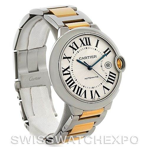 This image shows a Cartier Ballon Bleu W69009Z3 Men
s Stainless Steel Silver Dial W69009Z3 Men
s Stainless Steel Silver Dial watch from a three-quarter angle, highlighting the face, bracelet, and crown.