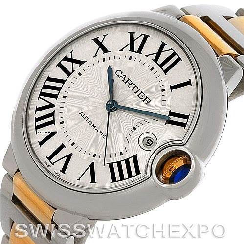The image shows a close-up angle of the watch face and part of the bracelet of the Ballon Bleu by Cartier.