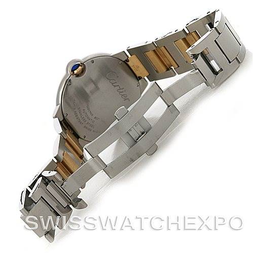 The image shows the back and part of the bracelet of a Cartier Ballon Bleu W69009Z3 Men
s Stainless Steel Silver Dial W69009Z3 Men
s Stainless Steel Silver Dial watch with a partial view of its case and clasp.