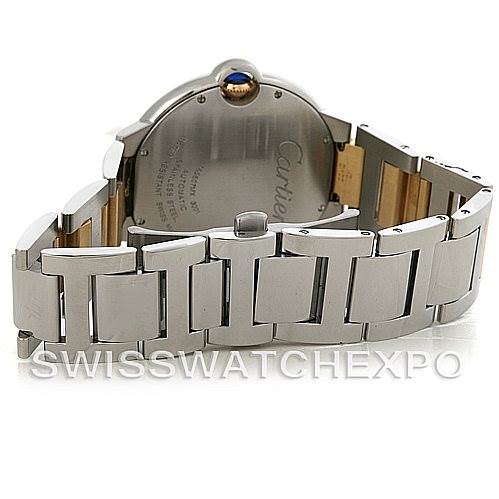 This image shows the back case and metal bracelet of a Cartier Ballon Bleu W69009Z3 Men
s Stainless Steel Silver Dial W69009Z3 Men
s Stainless Steel Silver Dial watch from a rear angle.