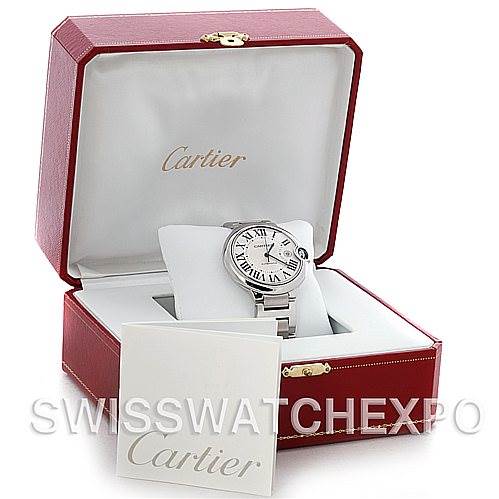 This image shows a Cartier Ballon Bleu W69012Z4 Men's Stainless Steel Silver Dial W69012Z4 Men's Stainless Steel Silver Dial watch displayed in an open red Cartier box.