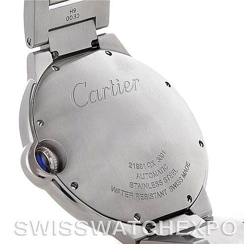 The image shows the back casing of a Cartier Ballon Bleu W69012Z4 Men's Stainless Steel Silver Dial W69012Z4 Men's Stainless Steel Silver Dial watch, with details on water resistance, material, and automatic movement.