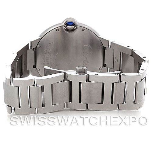 This image shows the back and bracelet of a Cartier Ballon Bleu W69012Z4 Men's Stainless Steel Silver Dial W69012Z4 Men's Stainless Steel Silver Dial watch in a partially open position.