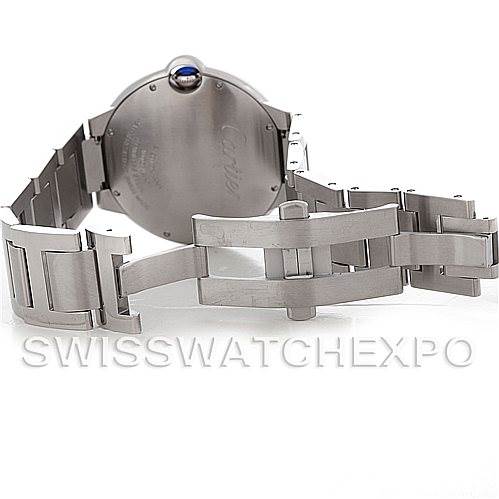 The image shows the back view and metal bracelet of a Cartier Ballon Bleu W69012Z4 Men's Stainless Steel Silver Dial W69012Z4 Men's Stainless Steel Silver Dial watch, focusing on the clasp and bracelet details.