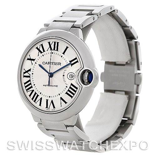 This image shows a side-angle view of a Cartier Ballon Bleu W69012Z4 Men's Stainless Steel Silver Dial W69012Z4 Men's Stainless Steel Silver Dial watch displaying the face, crown, and part of the metal bracelet.