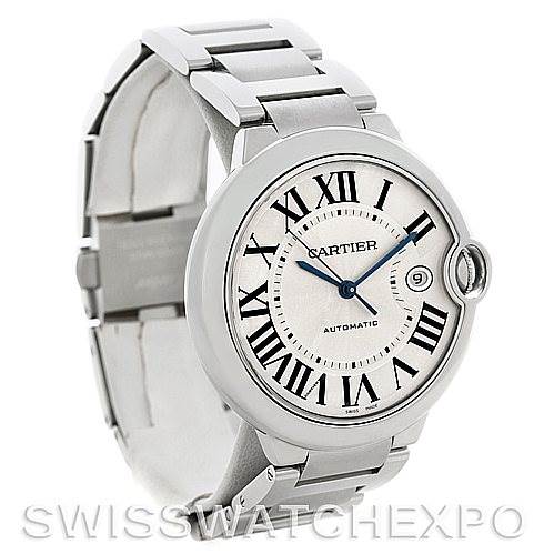 This image shows a front and side view of the Cartier Ballon Bleu W69012Z4 Men's Stainless Steel Silver Dial W69012Z4 Men's Stainless Steel Silver Dial watch, highlighting the face, bracelet, and crown.
