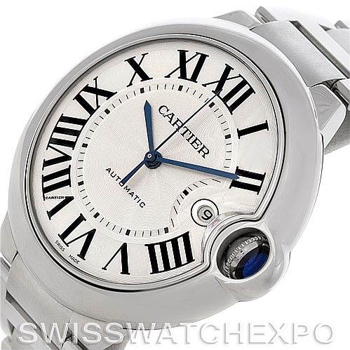 The image shows a close-up angled view of the Ballon Bleu model by Cartier, highlighting its face, Roman numerals, and crown.