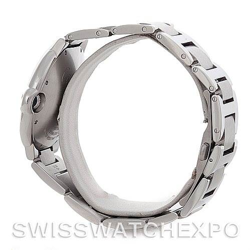 The image shows the side view of a Cartier Ballon Bleu W69012Z4 Men's Stainless Steel Silver Dial W69012Z4 Men's Stainless Steel Silver Dial watch, focusing on its metal bracelet and clasp.