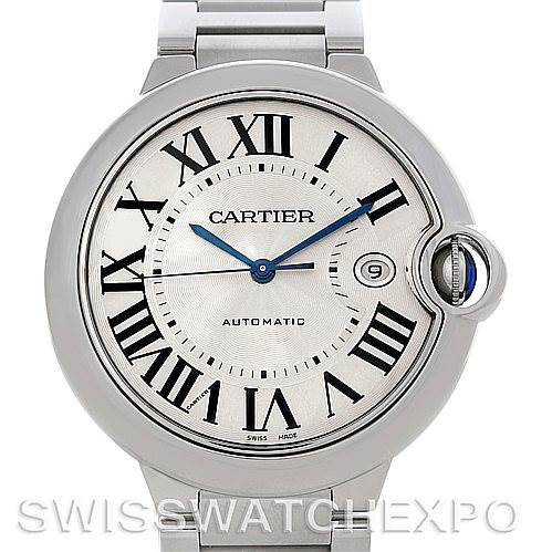 This image shows a front view of the Cartier Ballon Bleu W69012Z4 Men's Stainless Steel Silver Dial W69012Z4 Men's Stainless Steel Silver Dial watch, highlighting its dial, hands, date window, and bracelet.