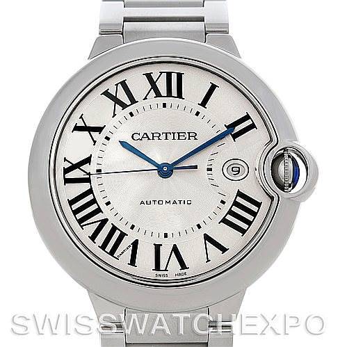 This image shows a front view of the Cartier Ballon Bleu watch, highlighting its dial, hands, date window, and bracelet.