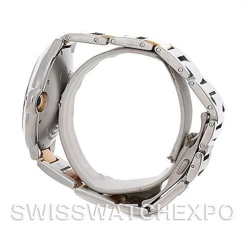 The image shows a side view of the Ballon Bleu watch by Cartier, highlighting the bracelet and clasp.