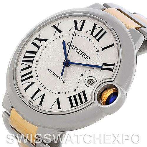 The image shows a close-up angled view of the Cartier Ballon Bleu W69009Z3 Men's Stainless Steel Silver Dial W69009Z3 Men's Stainless Steel Silver Dial watch, highlighting the dial, blue hands, and the signature crown.