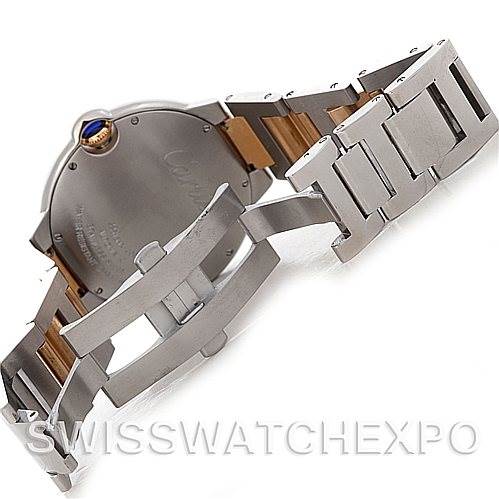 The image shows the back view of the Cartier Ballon Bleu W69009Z3 Men's Stainless Steel Silver Dial W69009Z3 Men's Stainless Steel Silver Dial watch, focusing on its clasp and part of the bracelet.