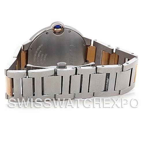 The image shows the back and bracelet of the Cartier Ballon Bleu W69009Z3 Men's Stainless Steel Silver Dial W69009Z3 Men's Stainless Steel Silver Dial watch from an angle that highlights the case back and metal links.