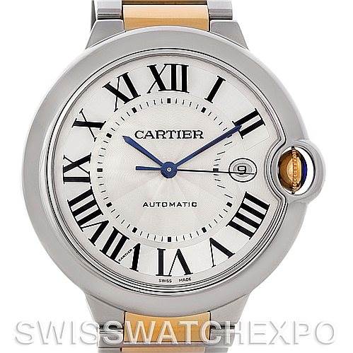 The image shows a front view of the Cartier Ballon Bleu W69009Z3 Men's Stainless Steel Silver Dial W69009Z3 Men's Stainless Steel Silver Dial watch, highlighting its Roman numeral dial and unique crown with a blue cabochon.