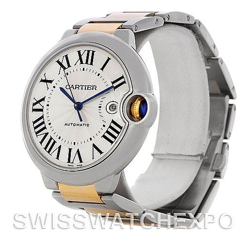 This image shows a Cartier Ballon Bleu W69009Z3 Men's Stainless Steel Silver Dial W69009Z3 Men's Stainless Steel Silver Dial watch from an angled side view, highlighting the face, crown, and part of the bracelet.