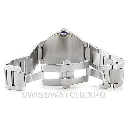 The image shows the back view of the case and open bracelet clasp of a Cartier Ballon Bleu W69012Z4 Men
s Stainless Steel Silver Dial W69012Z4 Men
s Stainless Steel Silver Dial watch.