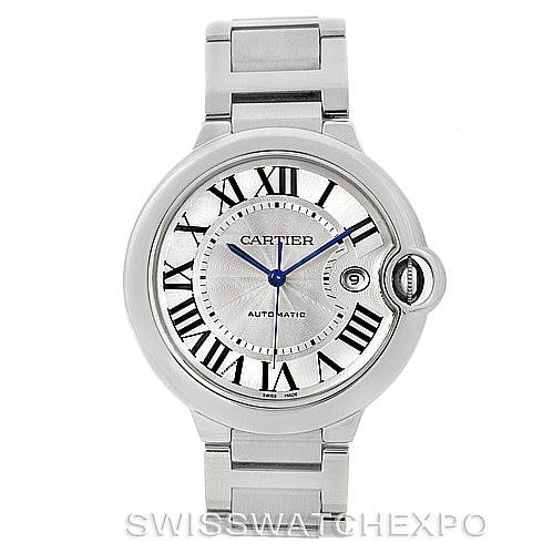 The image shows a front view of the Cartier Ballon Bleu W69012Z4 Men
s Stainless Steel Silver Dial W69012Z4 Men
s Stainless Steel Silver Dial watch, highlighting its face, bracelet, and crown.