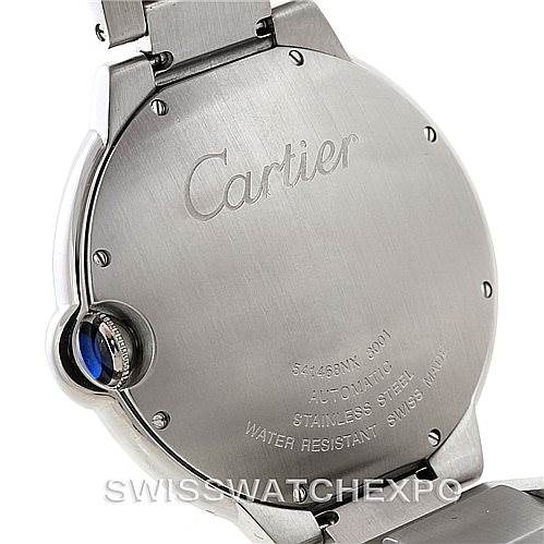The image shows the back casing and part of the bracelet of a Cartier Ballon Bleu W69012Z4 Men
s Stainless Steel Silver Dial W69012Z4 Men
s Stainless Steel Silver Dial watch at an angle highlighting the brand engraving.