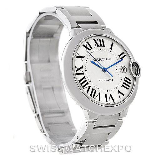 The image shows the Ballon Bleu de Cartier watch at a slight angle, highlighting its face, bracelet, and distinctive crown guard.