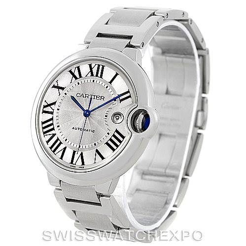 The image shows a Cartier Ballon Bleu W69012Z4 Men
s Stainless Steel Silver Dial W69012Z4 Men
s Stainless Steel Silver Dial watch at a three-quarter angle, displaying the face, crown, and part of the bracelet.