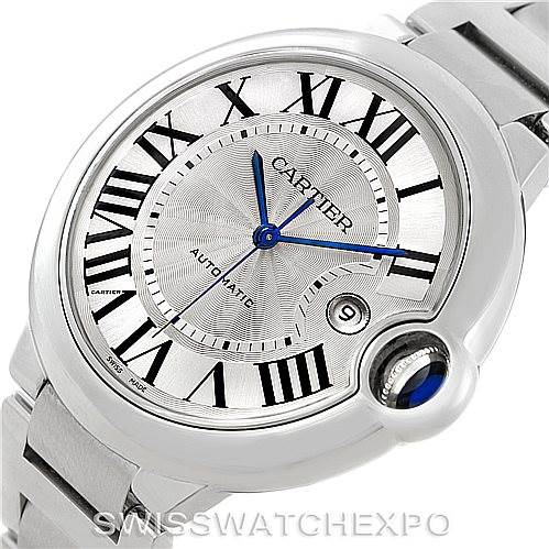 The image shows a close-up view of the face and part of the bracelet of the Cartier Ballon Bleu W69012Z4 Men
s Stainless Steel Silver Dial W69012Z4 Men
s Stainless Steel Silver Dial watch.