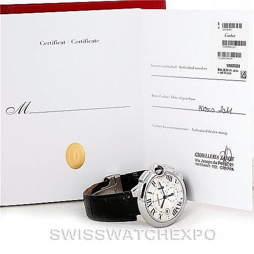 The image shows a Cartier Ballon Bleu W6920003 Men
s Stainless Steel Silver Dial W6920003 Men
s Stainless Steel Silver Dial watch with a black leather strap, positioned in front of its certificate.