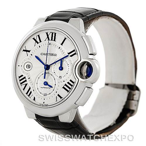 This image shows a front angle view of a Cartier Ballon Bleu W6920003 Men
s Stainless Steel Silver Dial W6920003 Men
s Stainless Steel Silver Dial watch, highlighting its face, crown, and strap.