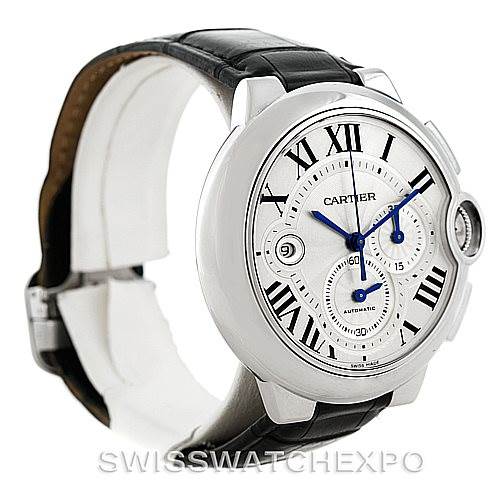 The image shows a Ballon Bleu de Cartier watch at a front-left angle, displaying its face, black leather strap, and side crown.