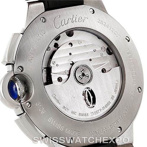 This image shows the back view of a Ballon Bleu model by Cartier, highlighting its automatic movement and stainless steel casing.